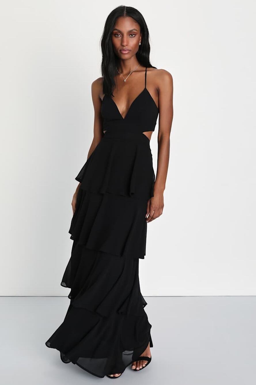 NWT Lulus Tier and Now Black Tie-Back Tiered Maxi Dress Wedding Prom Bride XXS